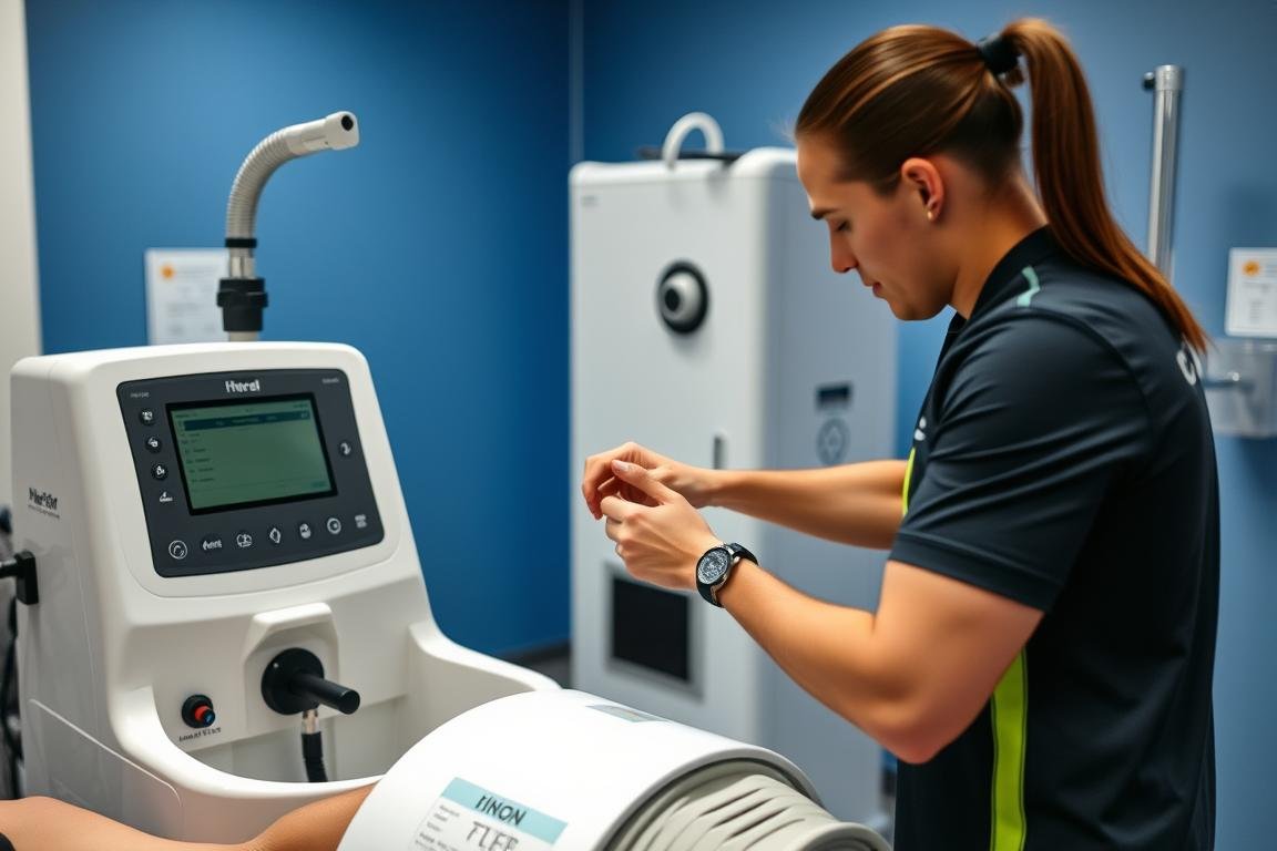 Athletic trainer setting up Colon Hydrotherapy Machine for athlete treatment
