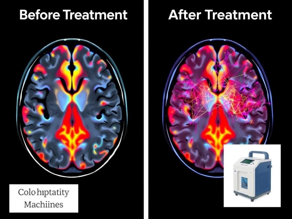 Before and after brain scan comparison showing improved neural activity following Colon Hydrotherapy Machine treatments