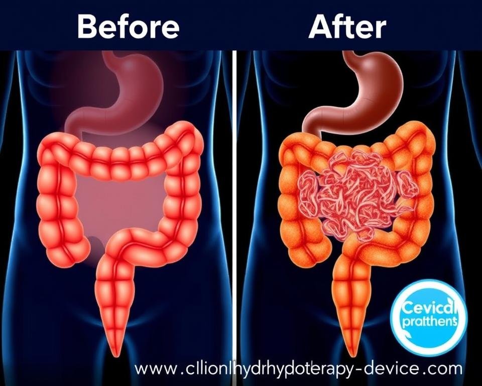 Before and after comparison showing colon health improvement following hydrotherapy treatments