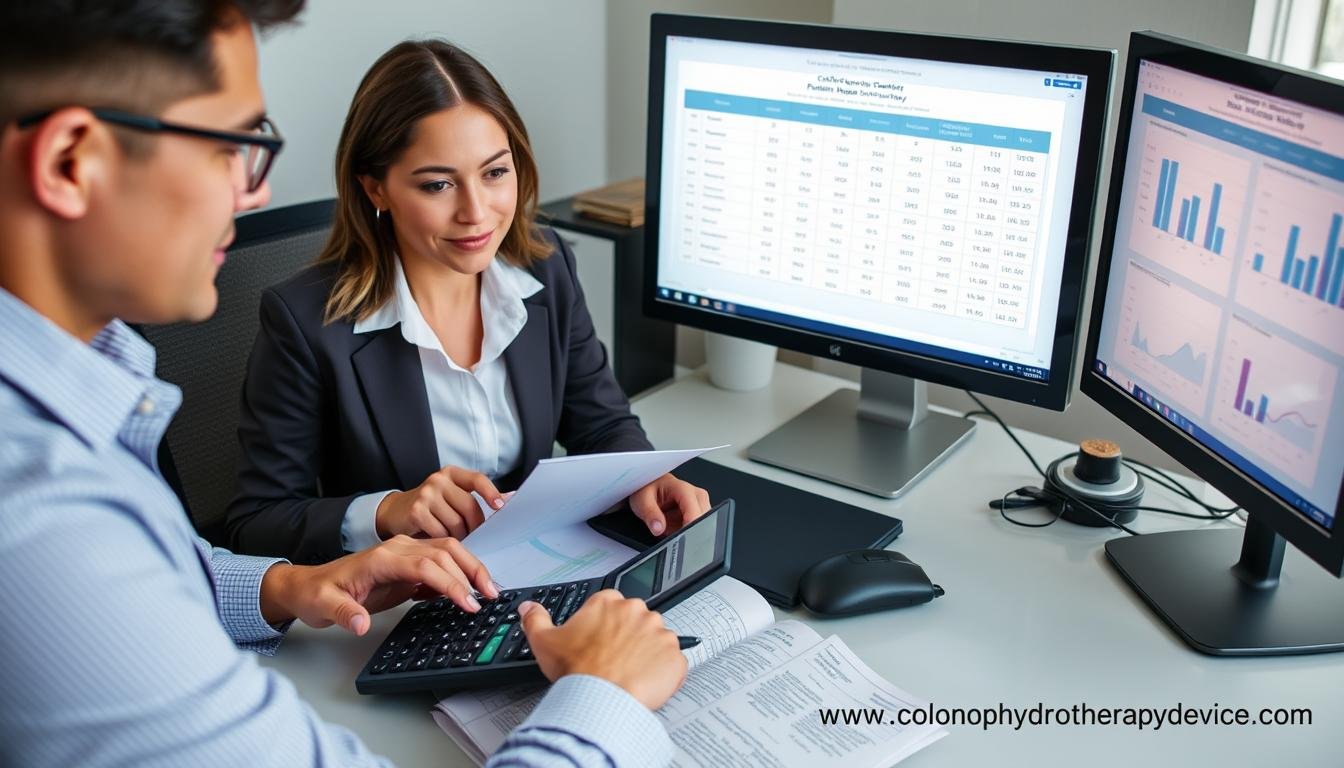 Business owner calculating ROI for colon hydrotherapy equipment