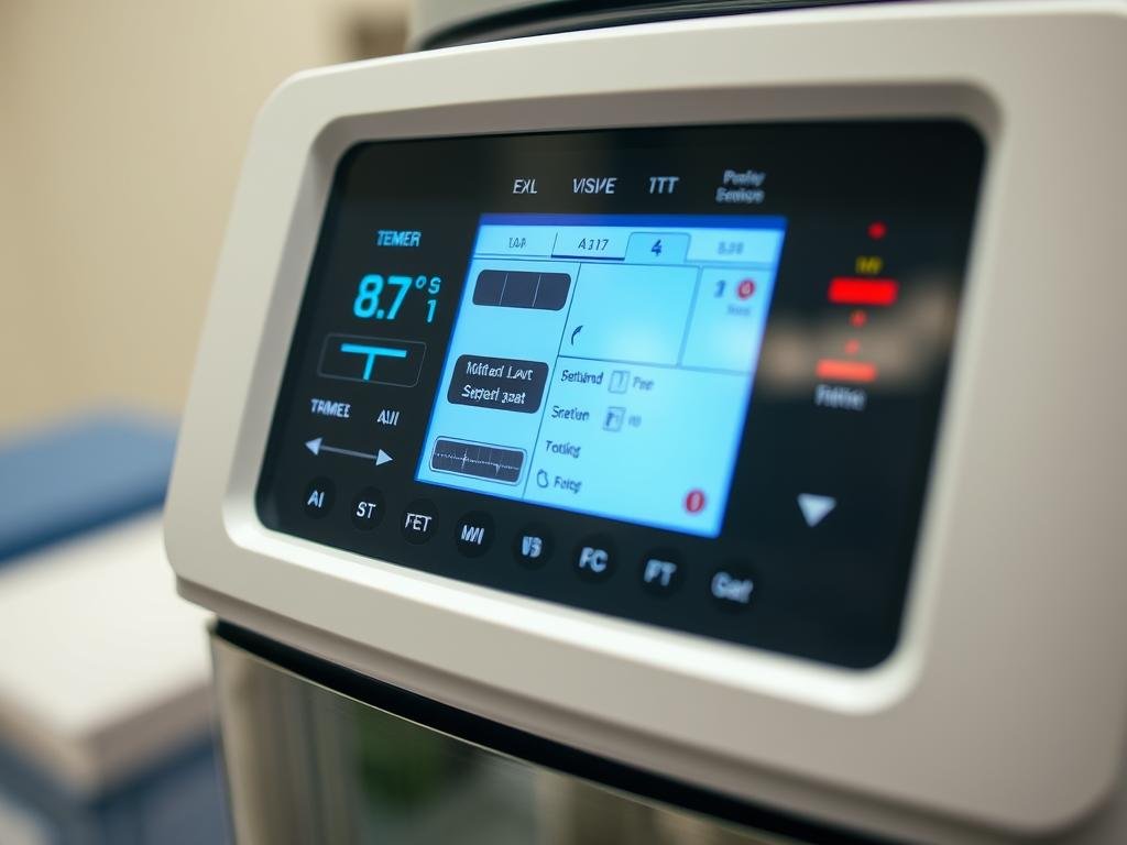 Close-up of colon hydrotherapy machine control panel showing temperature and pressure settings Close-up of colon hydrotherapy machine control panel showing temperature and pressure settings