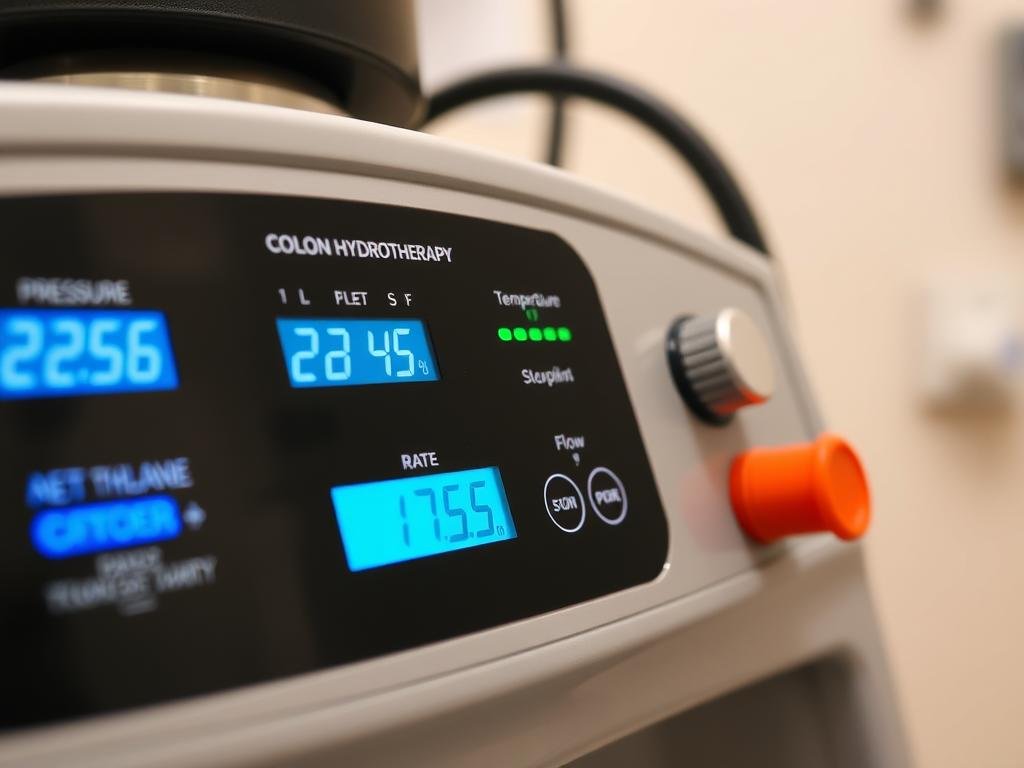 Colon hydrotherapy machine control panel showing pressure and temperature settings