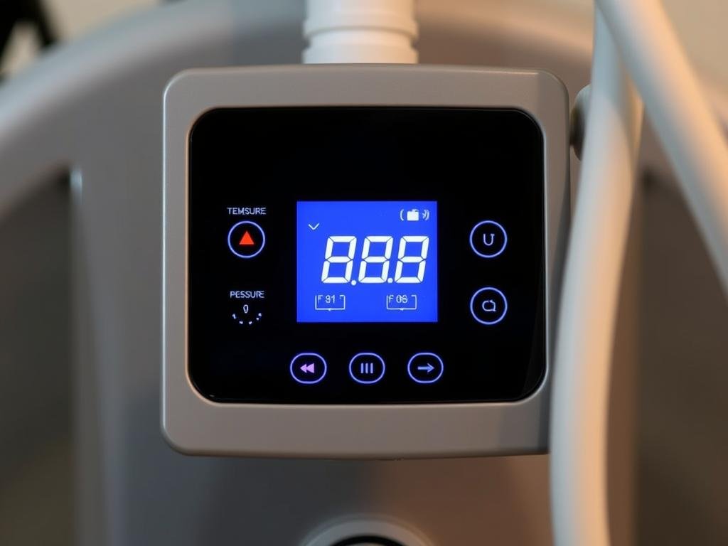 Digital control panel of a colon hydrotherapy machine showing temperature and pressure settings