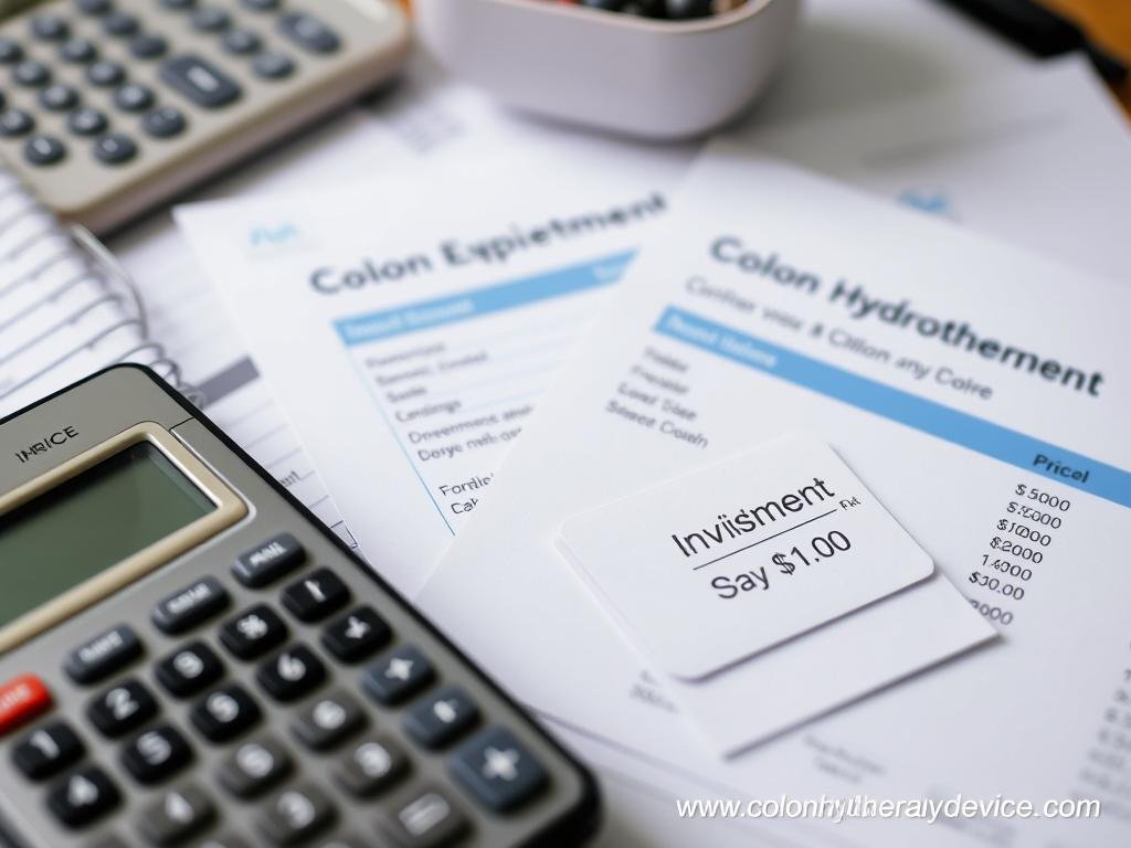 Financial documents and calculator next to colon hydrotherapy equipment brochure