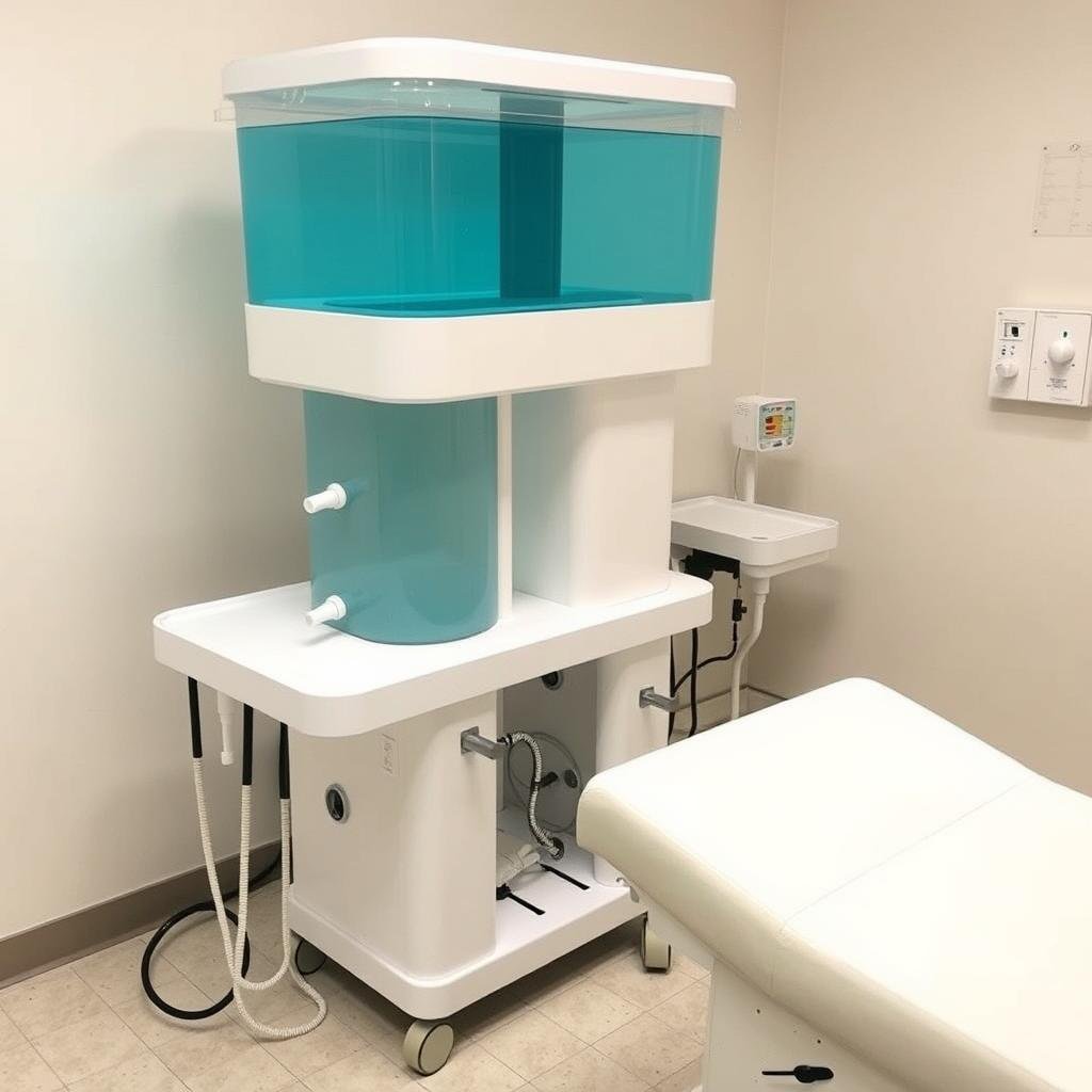 Gravity-fed Colon Hydrotherapy Machine showing elevated water tank