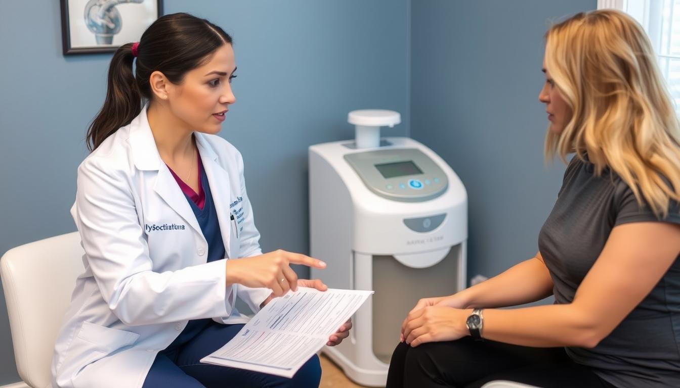 Healthcare professional answering questions about Colon Hydrotherapy Machine to a client