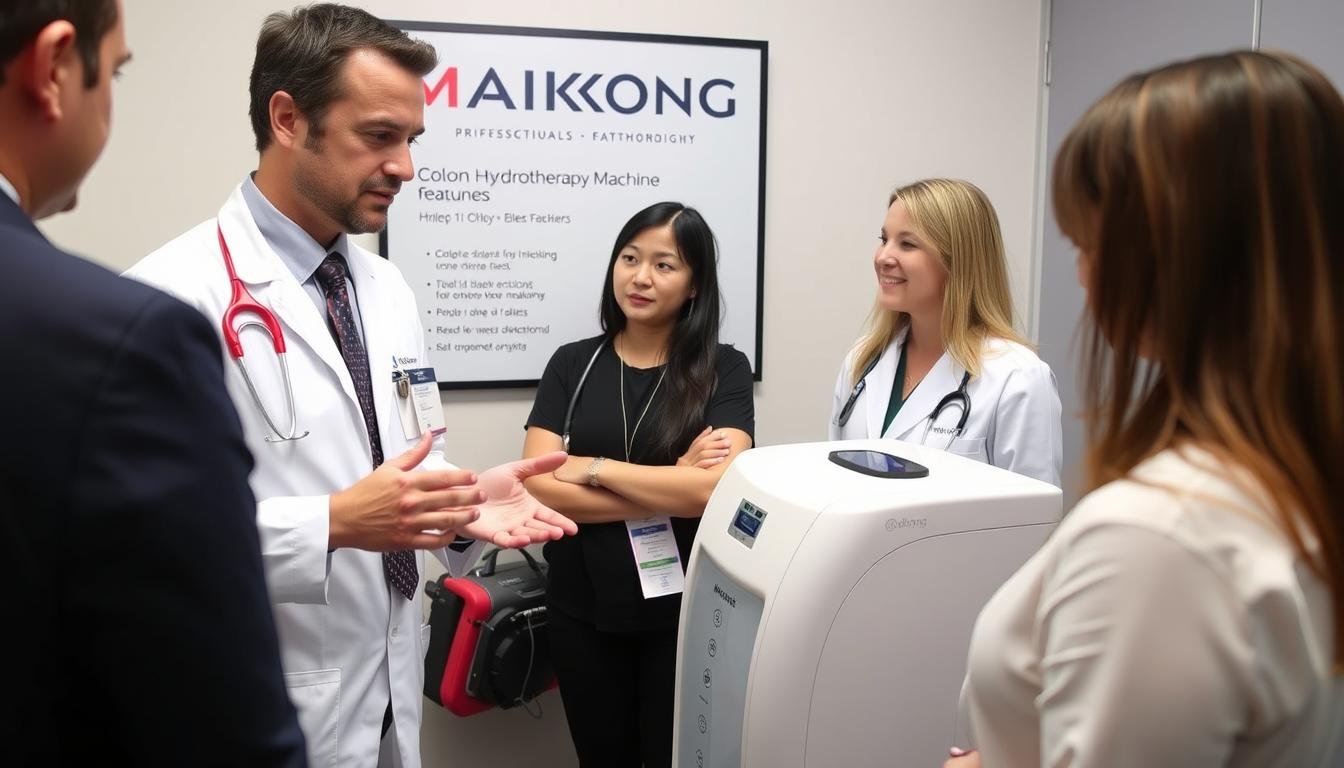 Healthcare professional demonstrating MAIKONG Colon Hydrotherapy Machine to potential clients Healthcare professional demonstrating MAIKONG Colon Hydrotherapy Machine to potential clients