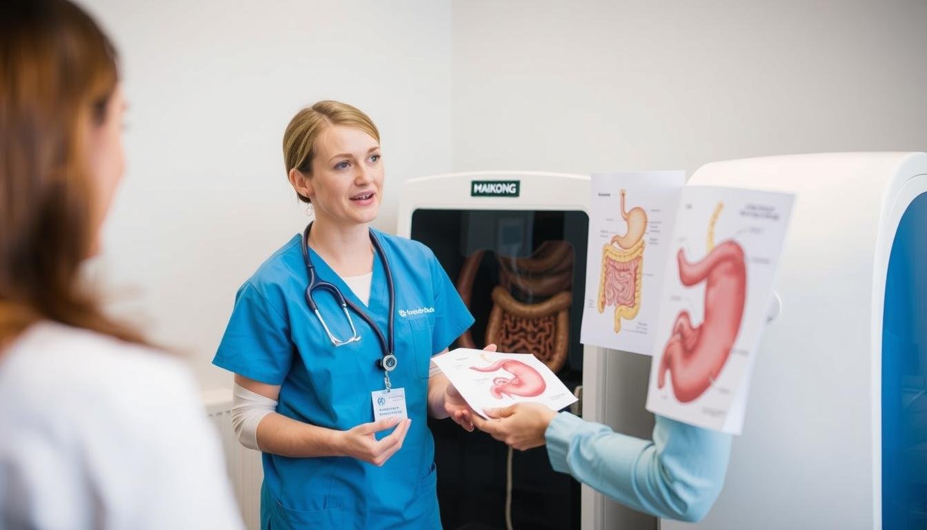 Healthcare professional explaining Colon Hydrotherapy procedure to patient Healthcare professional explaining Colon Hydrotherapy procedure to patient