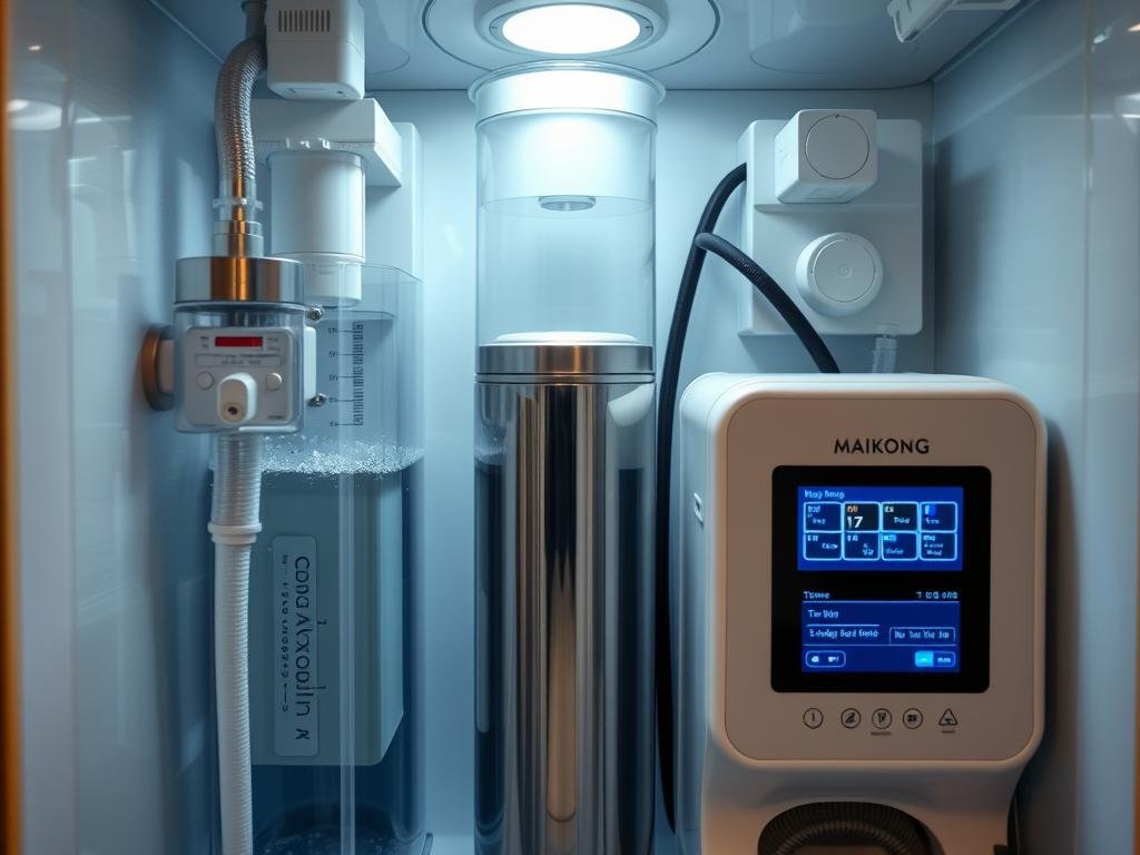 Interior components of a MAIKONG Colon Hydrotherapy Machine showing filtration system Interior components of a MAIKONG Colon Hydrotherapy Machine showing filtration system