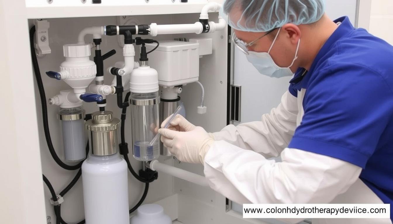 Maintenance procedure being performed on a colon hydrotherapy machine