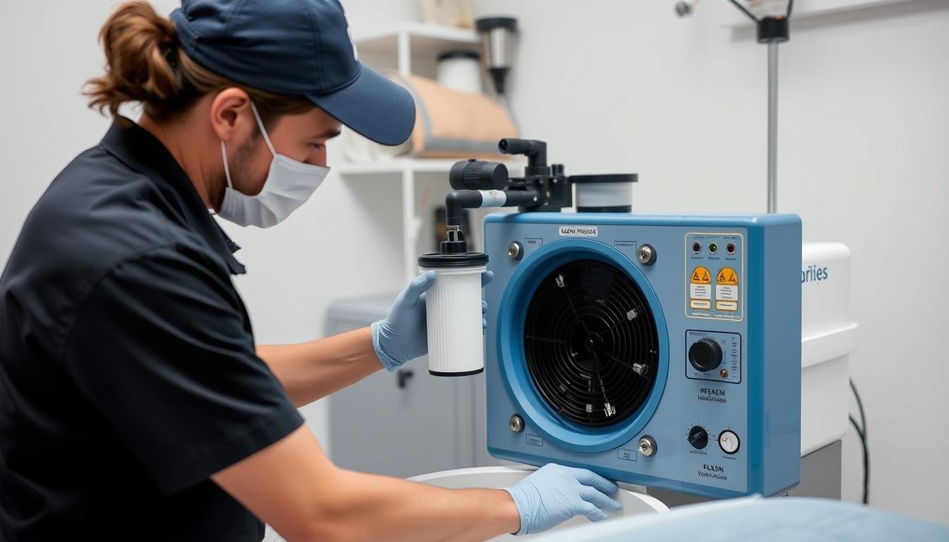 Maintenance technician servicing a colon hydrotherapy machine