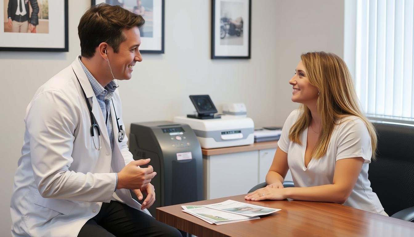 Medical professional consulting with client about colon hydrotherapy treatment options