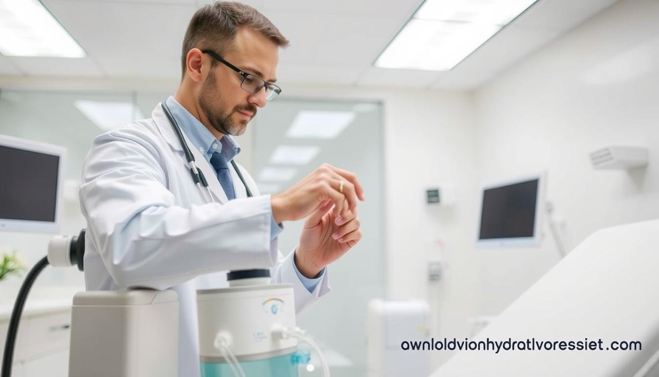 Medical professional examining features of a colon hydrotherapy machine in a clinic setting Medical professional examining features of a colon hydrotherapy machine in a clinic setting