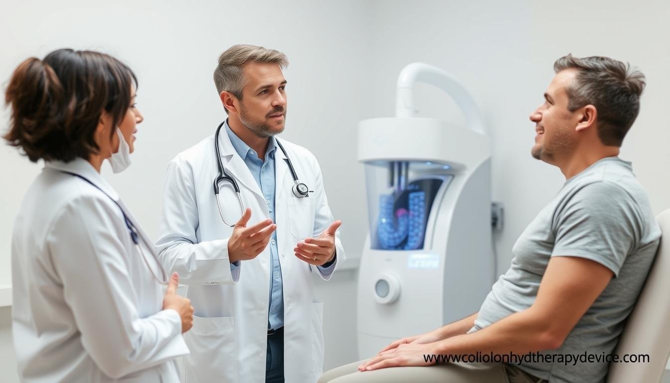 Medical professional explaining colon hydrotherapy benefits to a patient