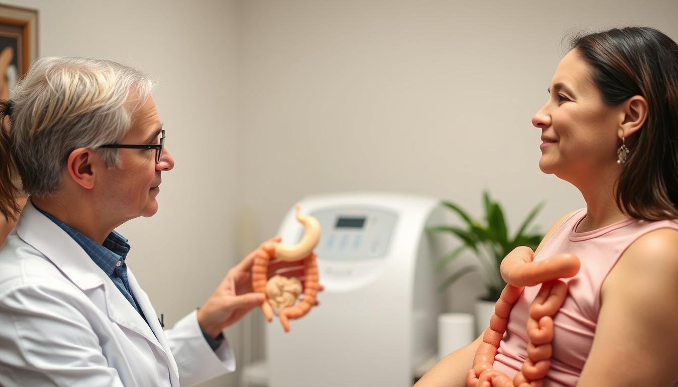 Medical professional explaining colon hydrotherapy benefits to a patient