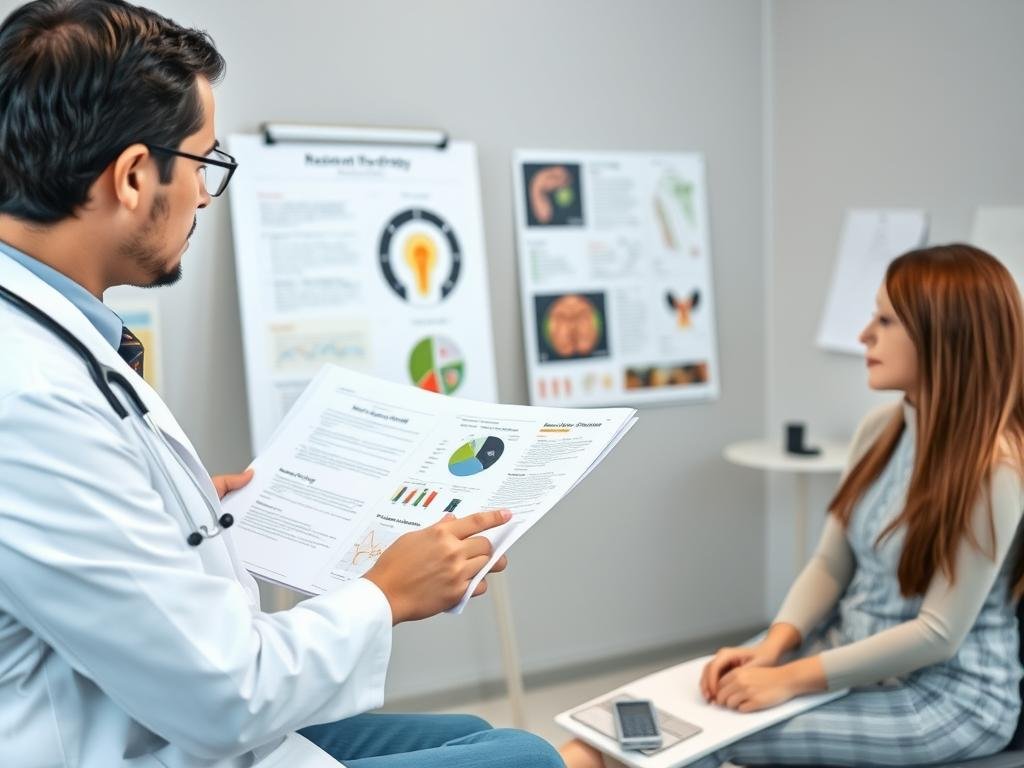 Medical professional explaining colon hydrotherapy research to a patient