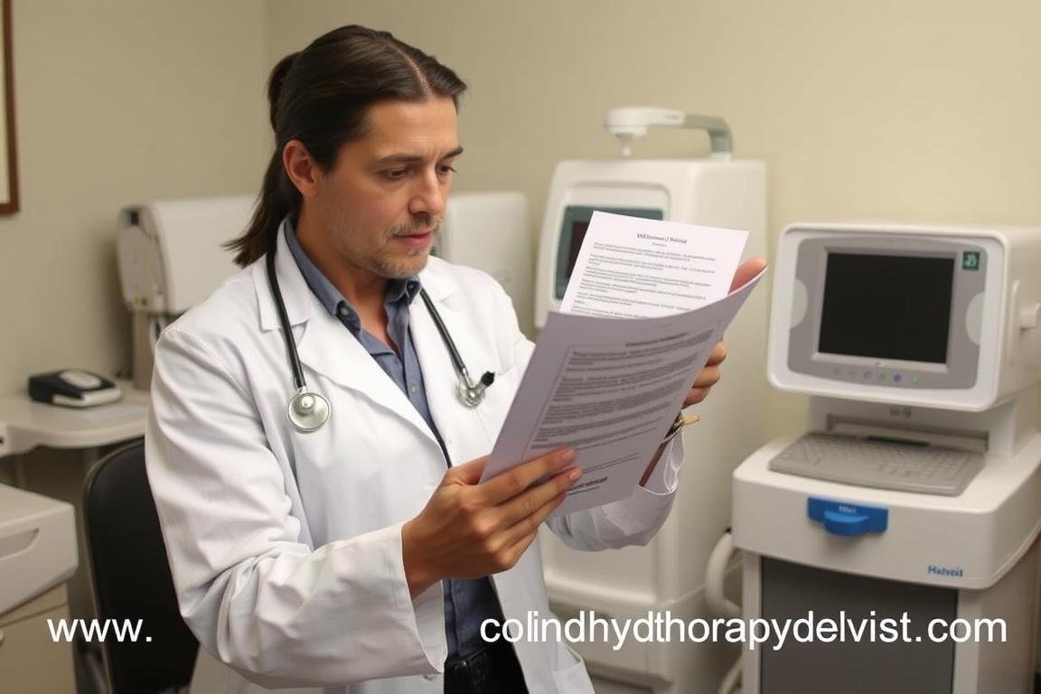 Medical professional reviewing warranty documents for colon hydrotherapy equipment