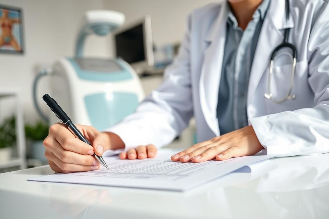 Medical professional signing equipment lease agreement