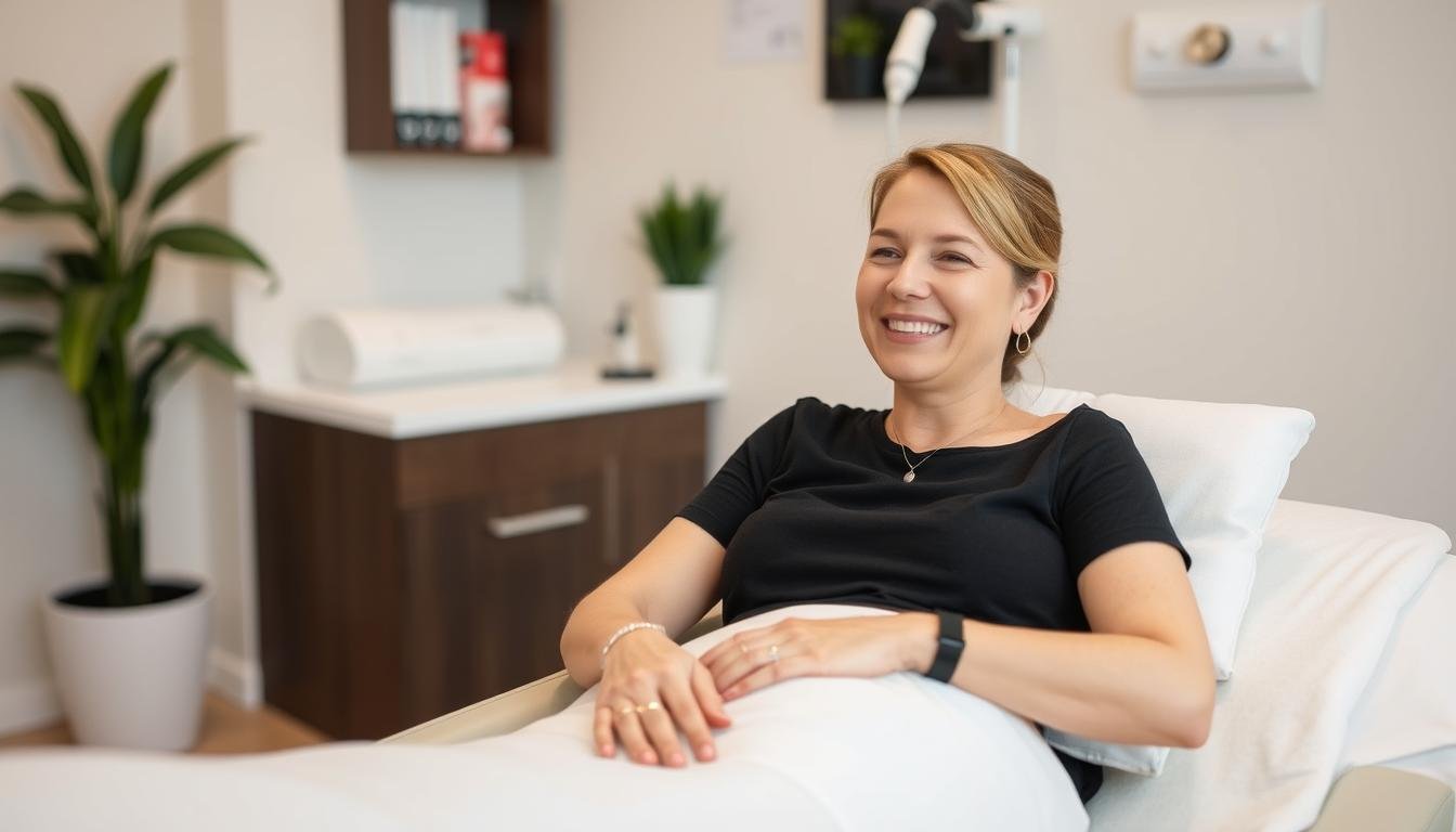 Patient experiencing relief after colon hydrotherapy treatment for IBS