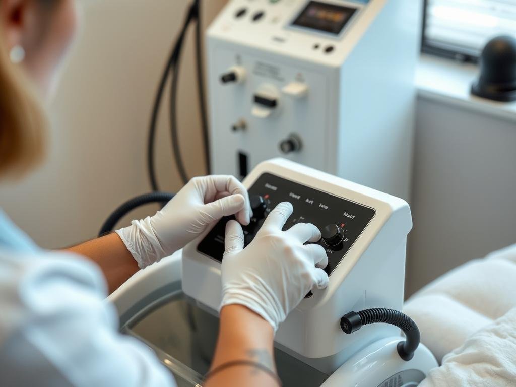Practitioner operating a colon hydrotherapy machine during treatment