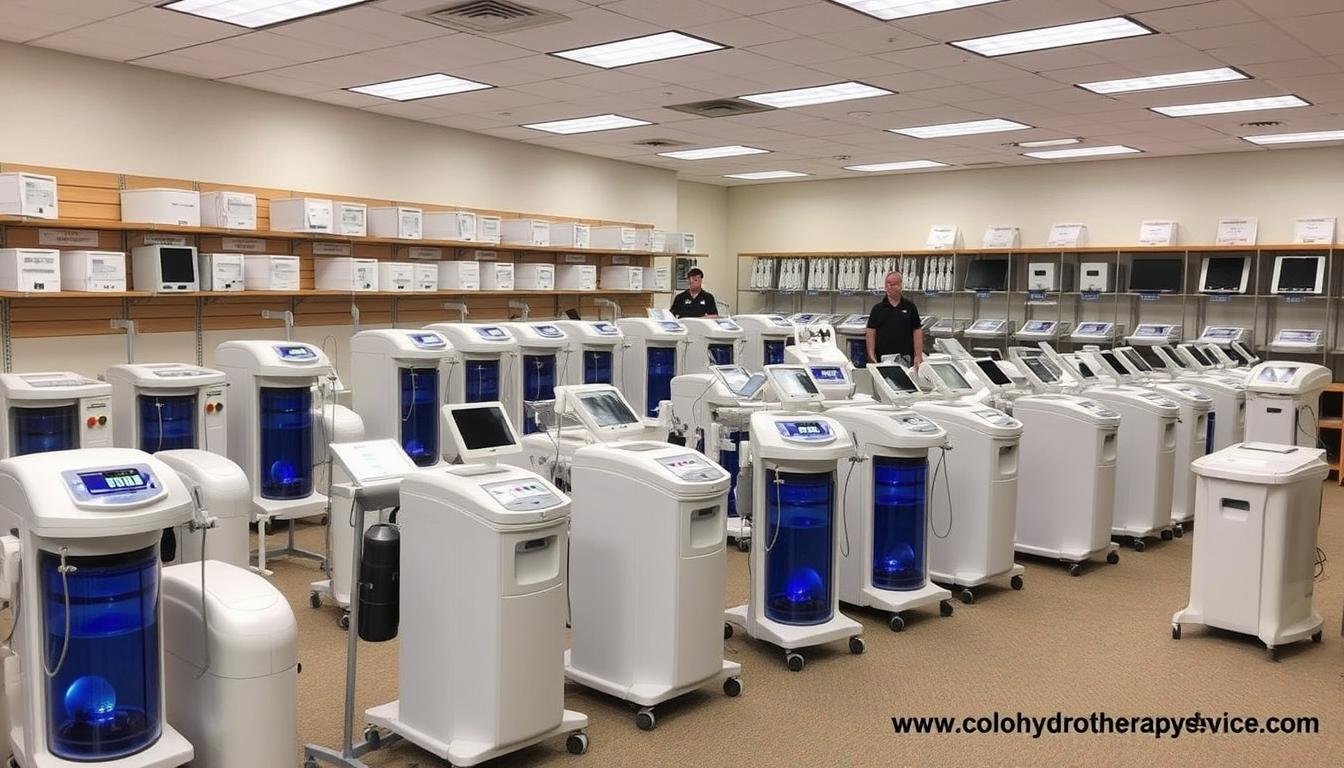 Professional showroom displaying various colon hydrotherapy machine models
