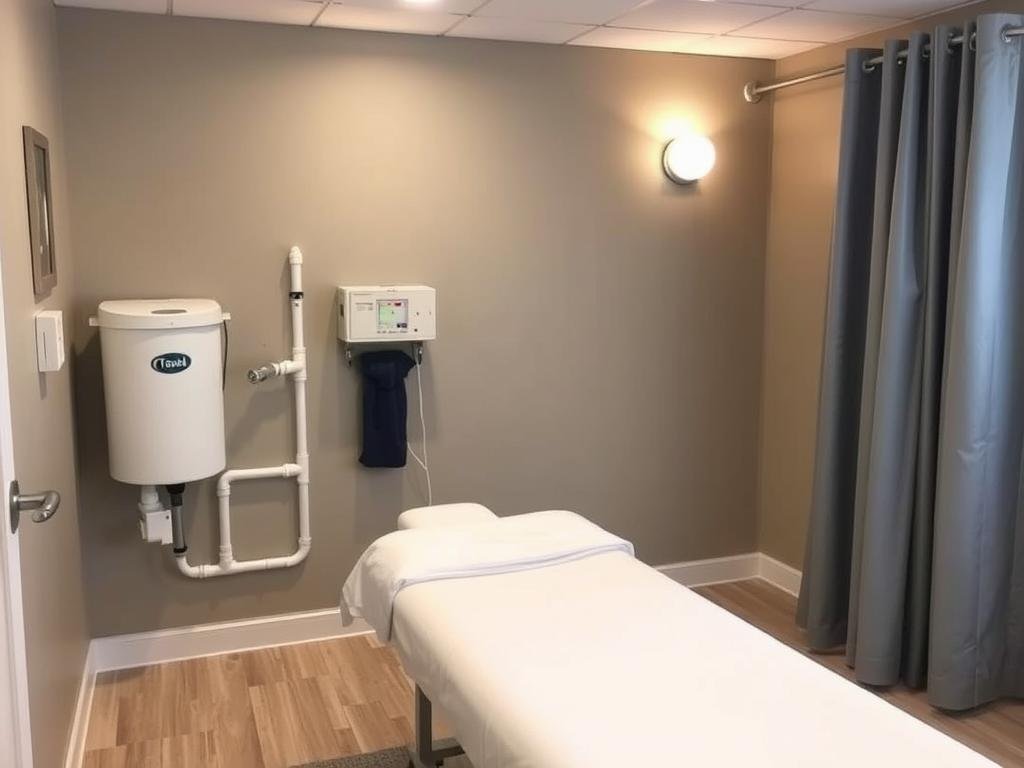 Properly set up treatment room with installed Colon Hydrotherapy Machine
