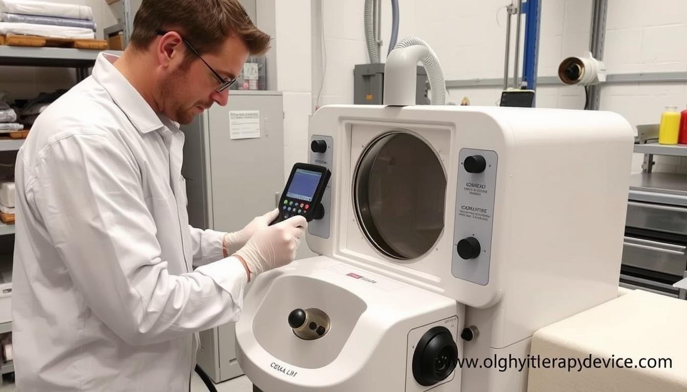Refurbished colon hydrotherapy machine being inspected by a technician
