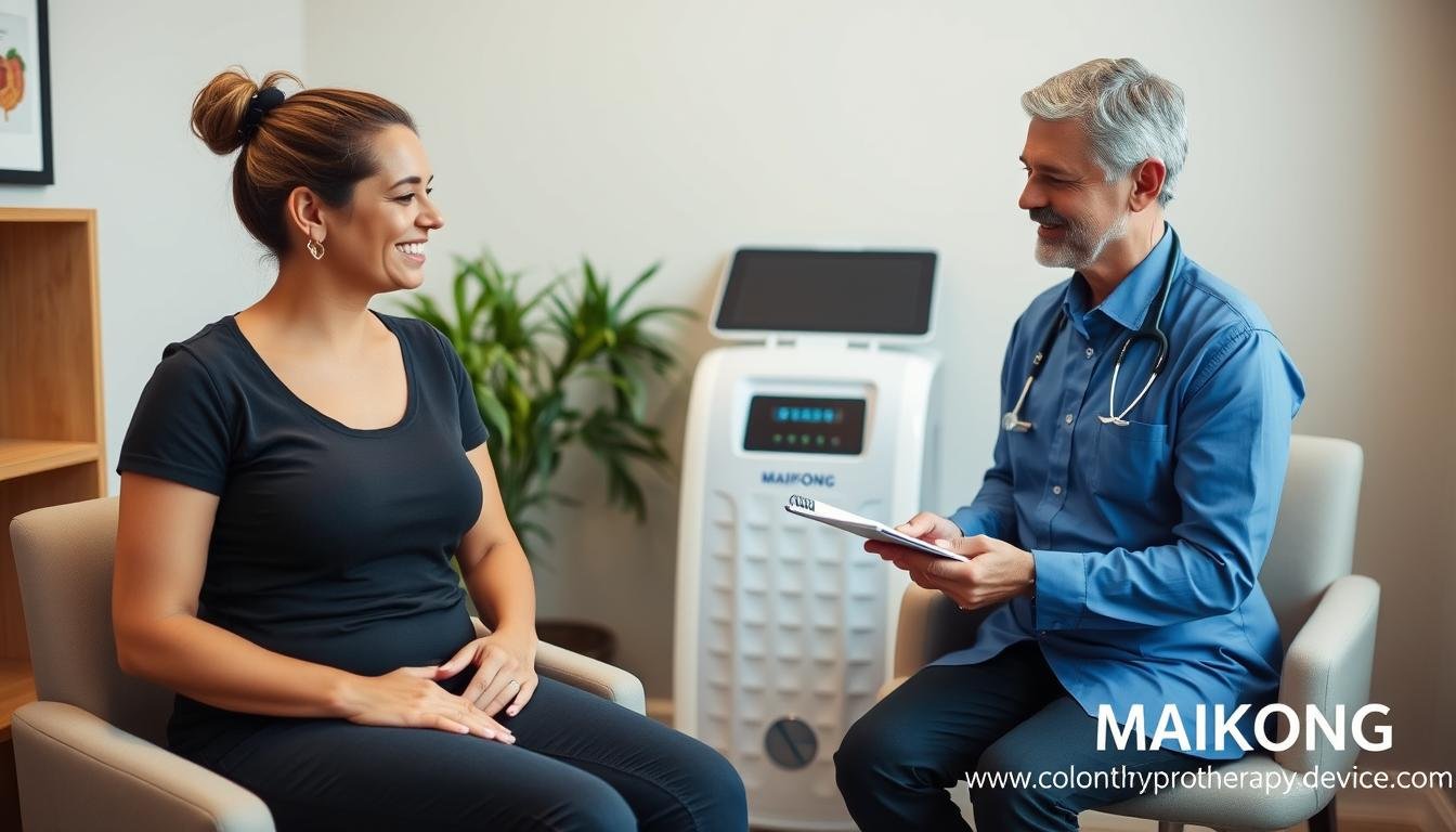 Satisfied client discussing experience with colon hydrotherapy treatment Satisfied client discussing experience with colon hydrotherapy treatment
