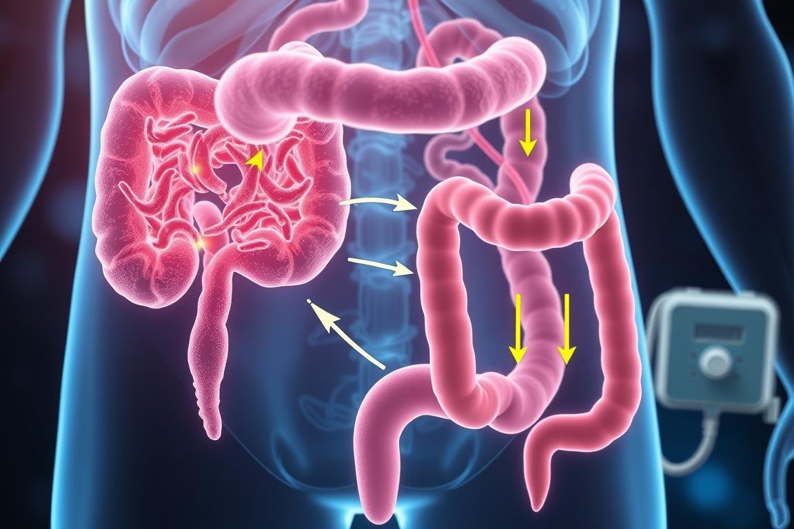 Scientific visualization of gut bacteria producing neurotransmitters that affect brain function