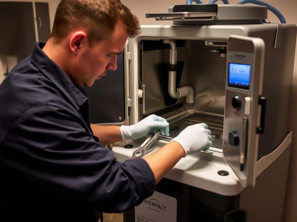 Service technician performing maintenance on a colon hydrotherapy machine
