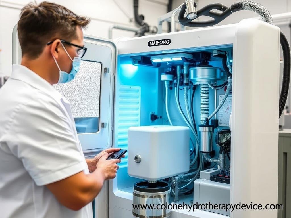 Technician performing maintenance on a MAIKONG colon hydrotherapy machine