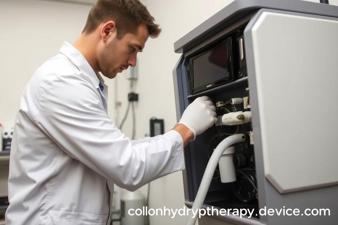 Technician performing maintenance on a colon hydrotherapy machine