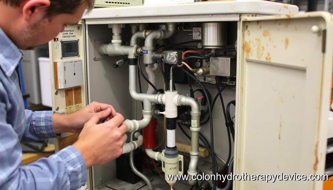 Technician repairing internal components of an older colon hydrotherapy machine