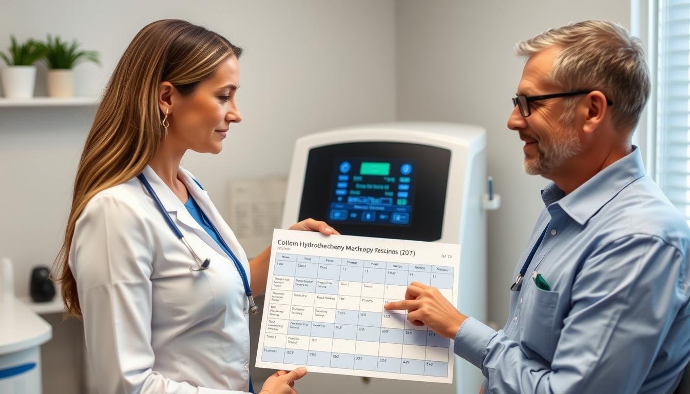 Therapist explaining optimal Colon Hydrotherapy Machine treatment schedule to a client