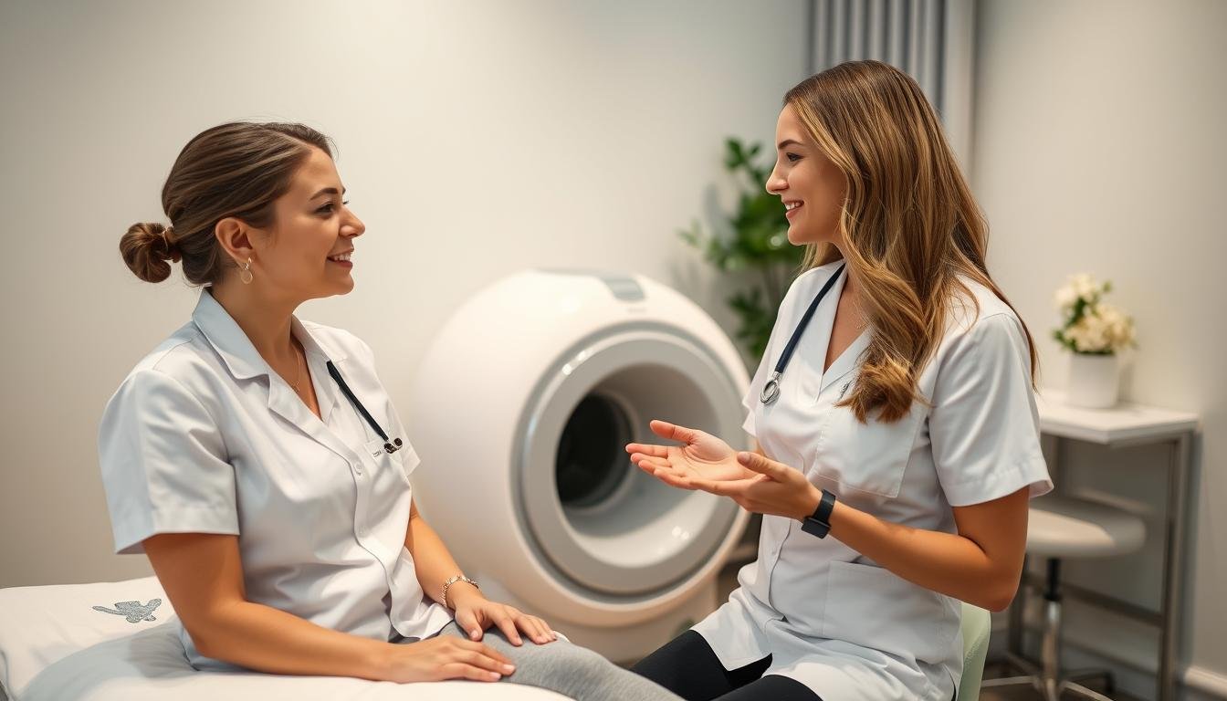 Wellness practitioner with client discussing Colon Hydrotherapy treatment
