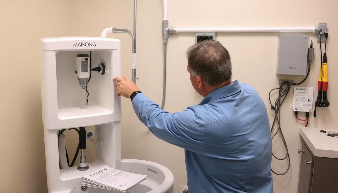 Professional installing a MAIKONG Colon Hydrotherapy Machine showing the step-by-step process