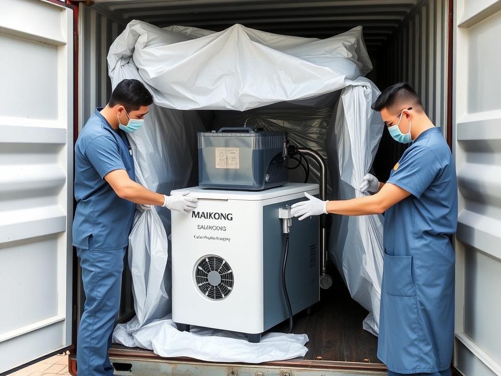 Proper unpacking of a MAIKONG Colon Hydrotherapy Machine showing careful handling