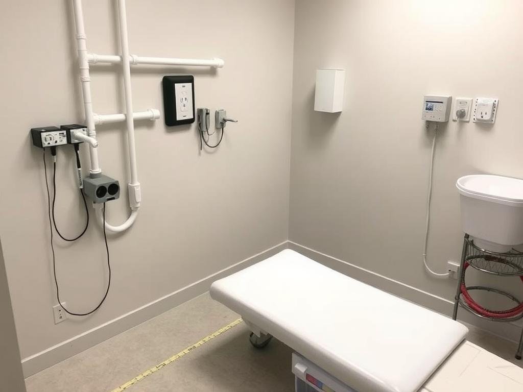 Room preparation for Colon Hydrotherapy Machine installation showing plumbing and electrical requirements