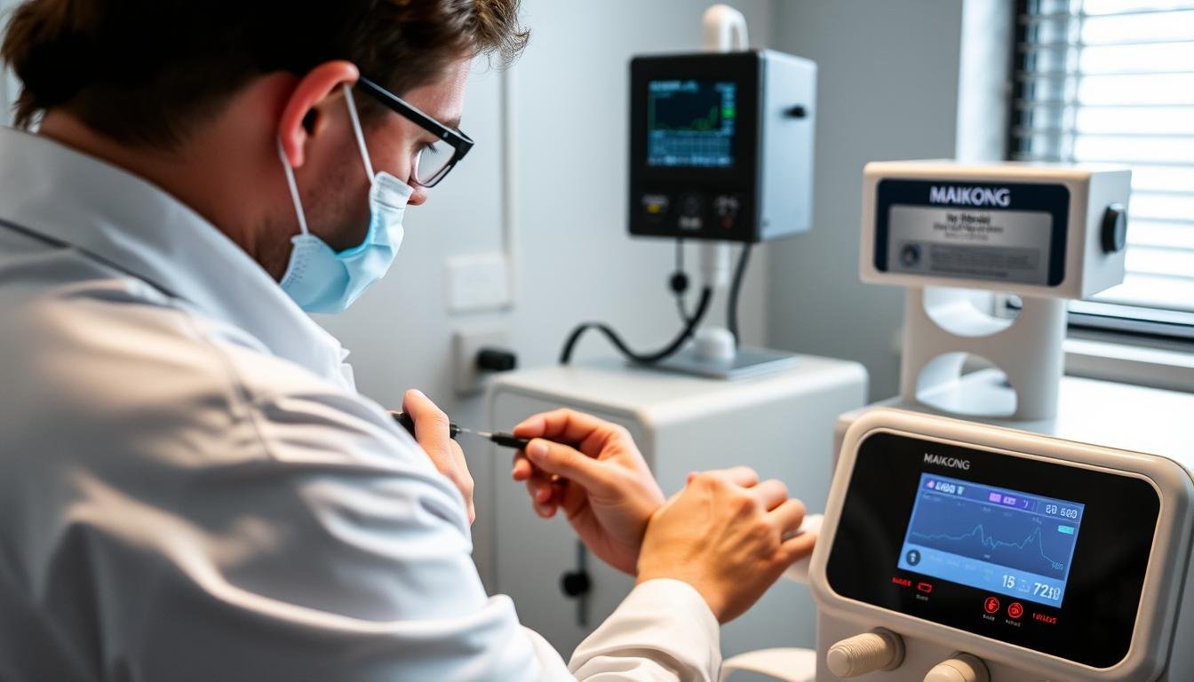 Technician calibrating a MAIKONG Colon Hydrotherapy Machine